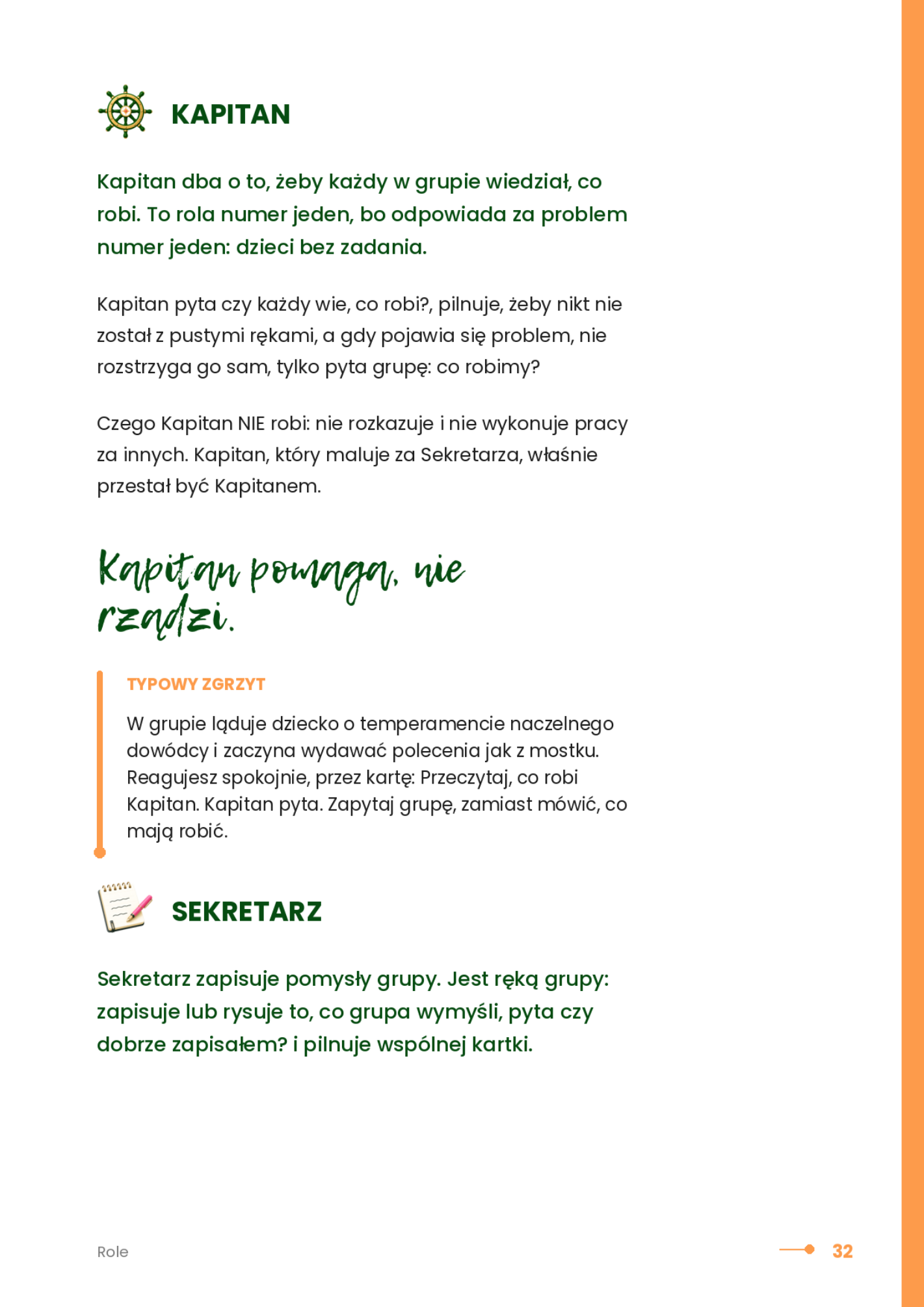 Strona przewodnika opisująca role Kapitana i Sekretarza