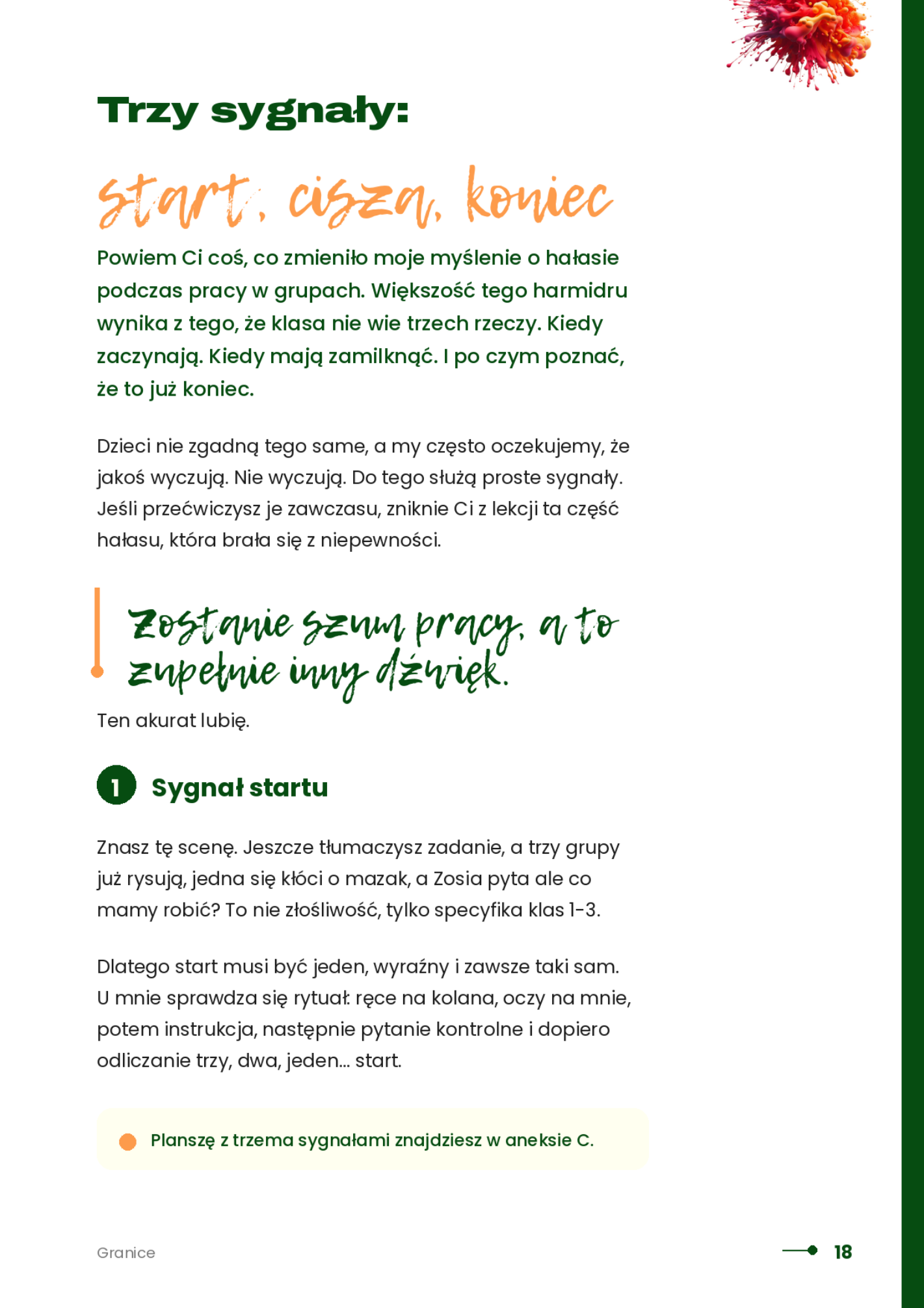 Strona przewodnika o trzech sygnałach: start, cisza i koniec